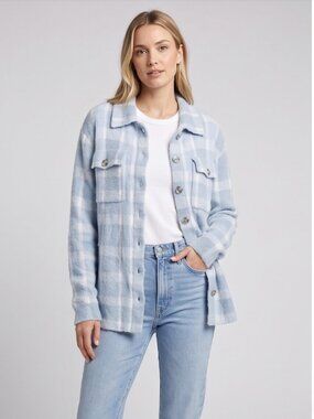 William Rast Light Blue & White Plaid Textured Button-Front Sweater L